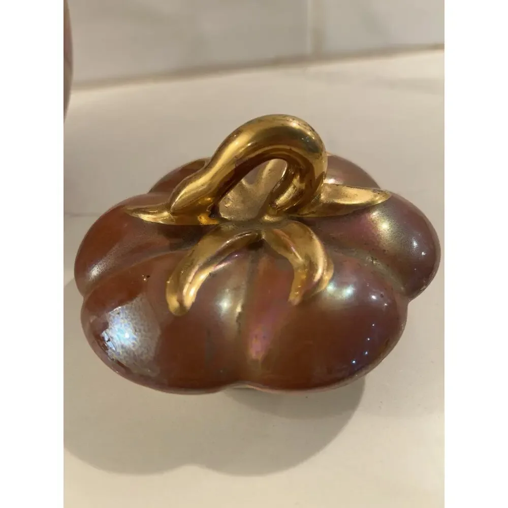 Vtg Fall Pumpkin Canister Orange Lusterware Iridescent Gold Lid Stem Cookie Jar‎